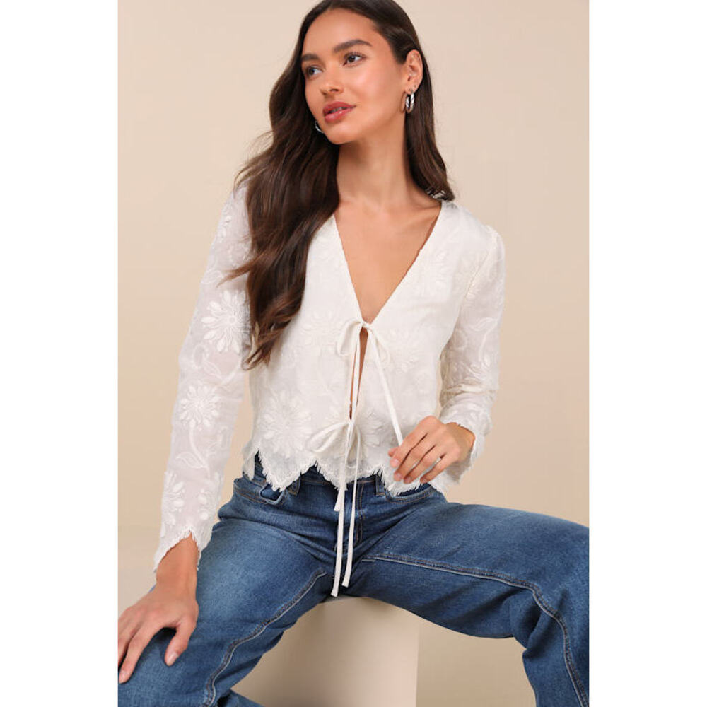 Lulus Vintage Aesthetic Ivory Embroidered Tie-front Long Sleeve Top White